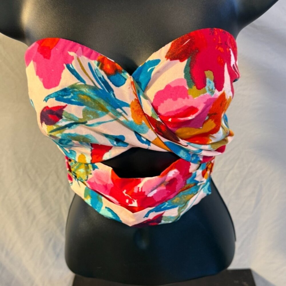 Tropical Floral Strapless Crop Top Sexy Vacation Vibes Women’s Size XL Silky